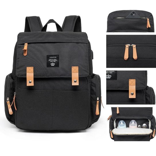 Mochila Maternidade Lequeen c/ Trocador/ Saída P/ Cabo Usb e Ganchos