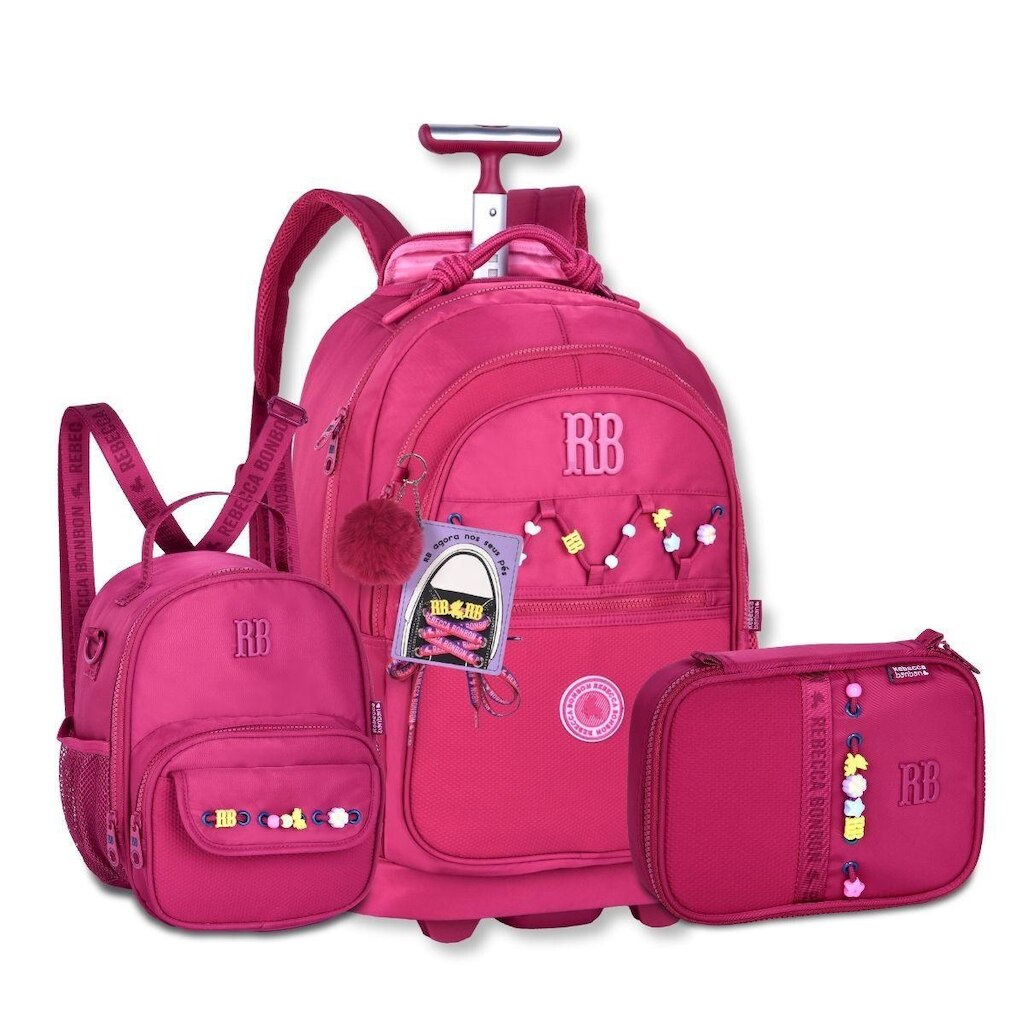Mochila Rodinhas com Lancheira e Estojo com Kit Cadarços