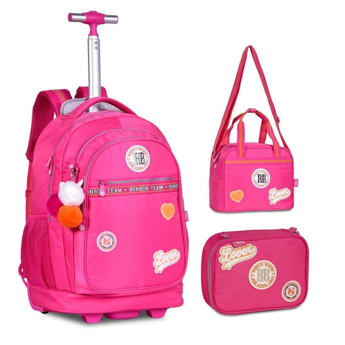 MOCHILA RODINHAS LANCHEIRA E ESTOJO REBECCA BONBON KIT ESCOLAR - Rosa Menor preço em MOCHILA RODINHAS LANCHEIRA E ESTOJO REBECCA BONBON KIT ESCOLAR - Rosa