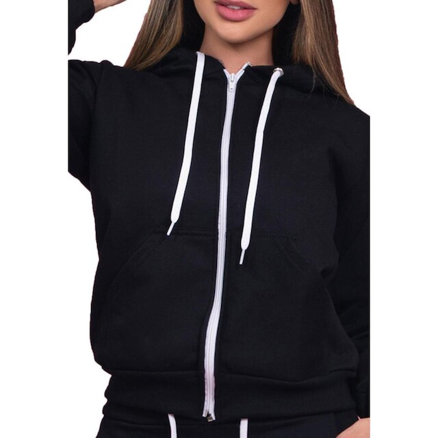 Moletom Aberto Feminino Liso com Ziper Punhos Bolsos e Capuz Ajustavel
