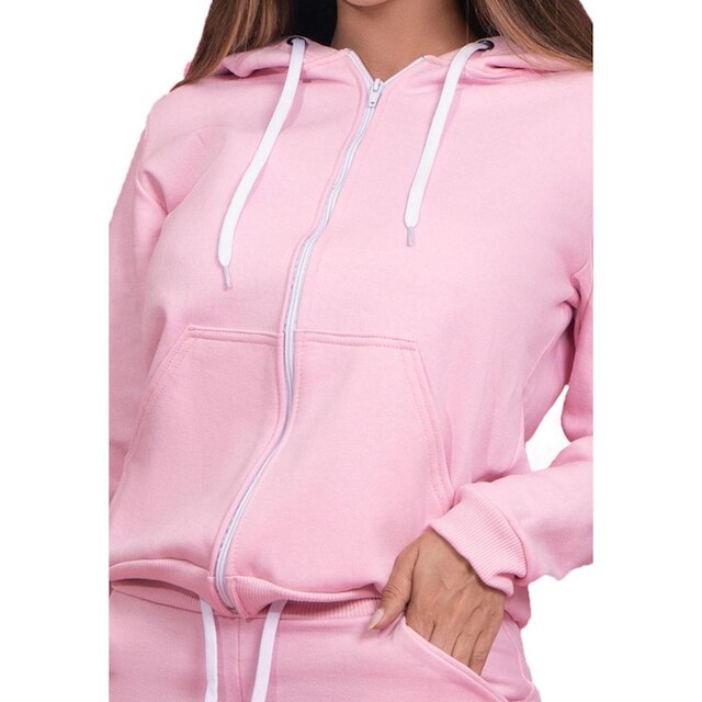 Moletom Aberto Feminino Liso com Ziper Punhos Bolsos e Capuz Ajustavel
