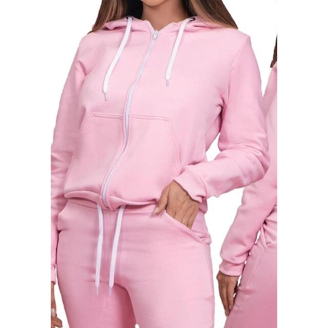 Moletom Aberto Feminino Liso com Ziper Punhos Bolsos e Capuz Ajustavel