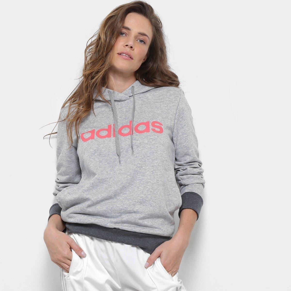 Moletom Adidas Essentials Linear Feminino - Cinza+Pink Menor preço em Moletom Adidas Essentials Linear Feminino - Cinza+Pink