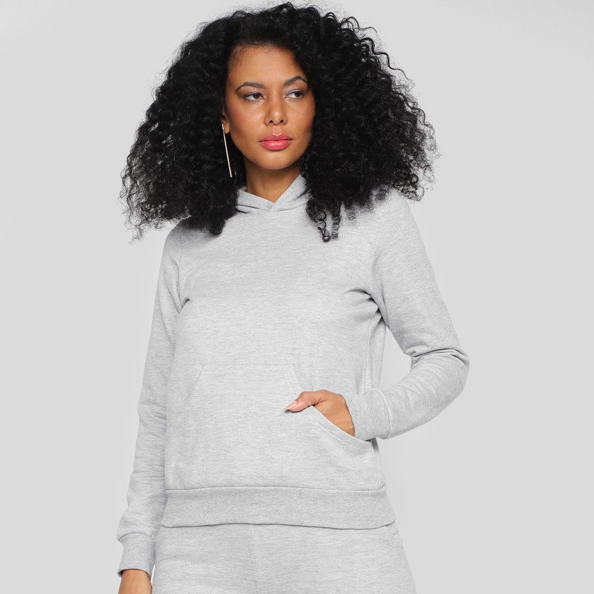 Moletom Basicamente Bolso Capuz Feminino - Mescla Menor preço em Moletom Basicamente Bolso Capuz Feminino - Mescla