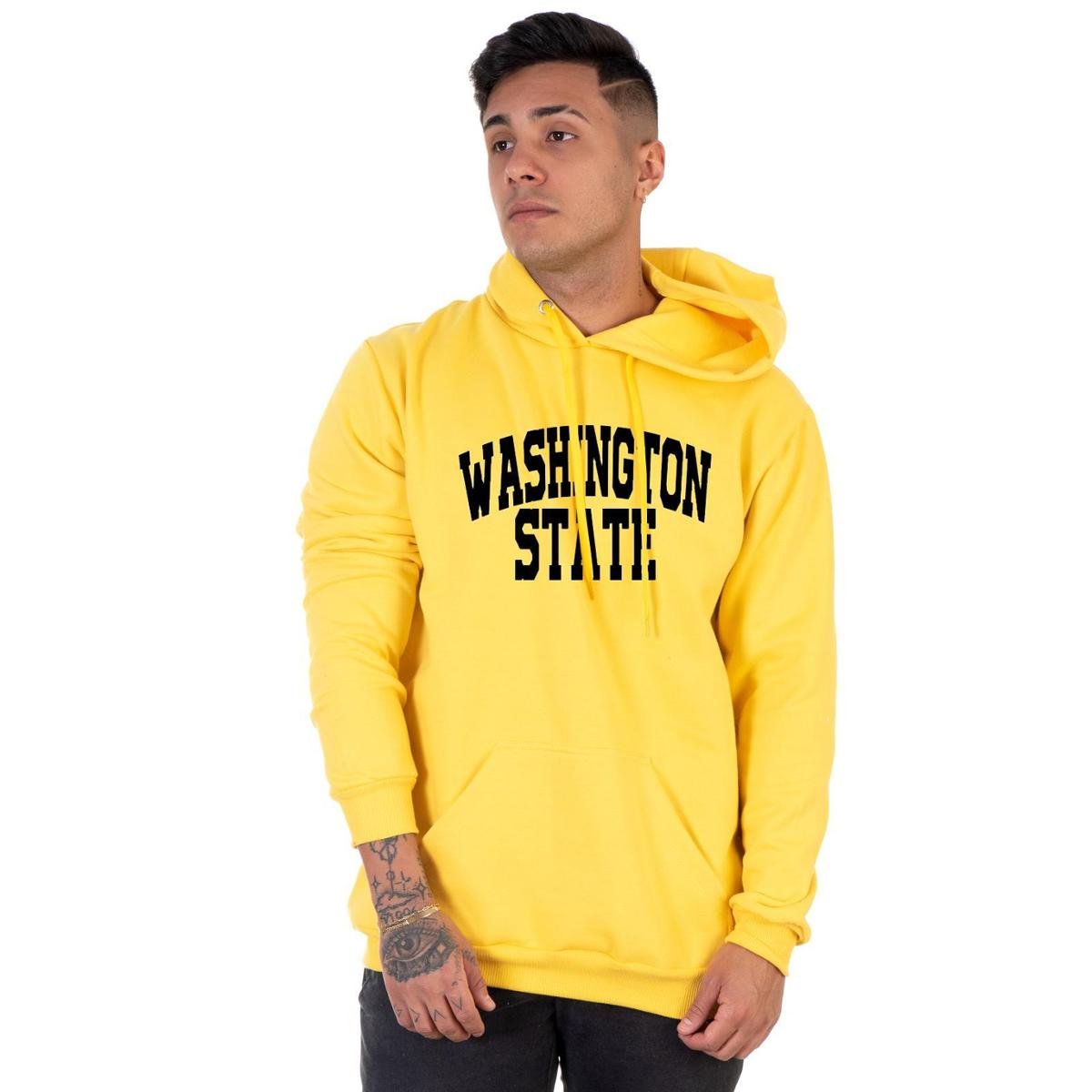 Moletom Blusa de Frio Canguru Flanelado Washington Casaco Masculino - Amarelo Menor preço em Moletom Blusa de Frio Canguru Flanelado Washington Casaco Masculino - Amarelo