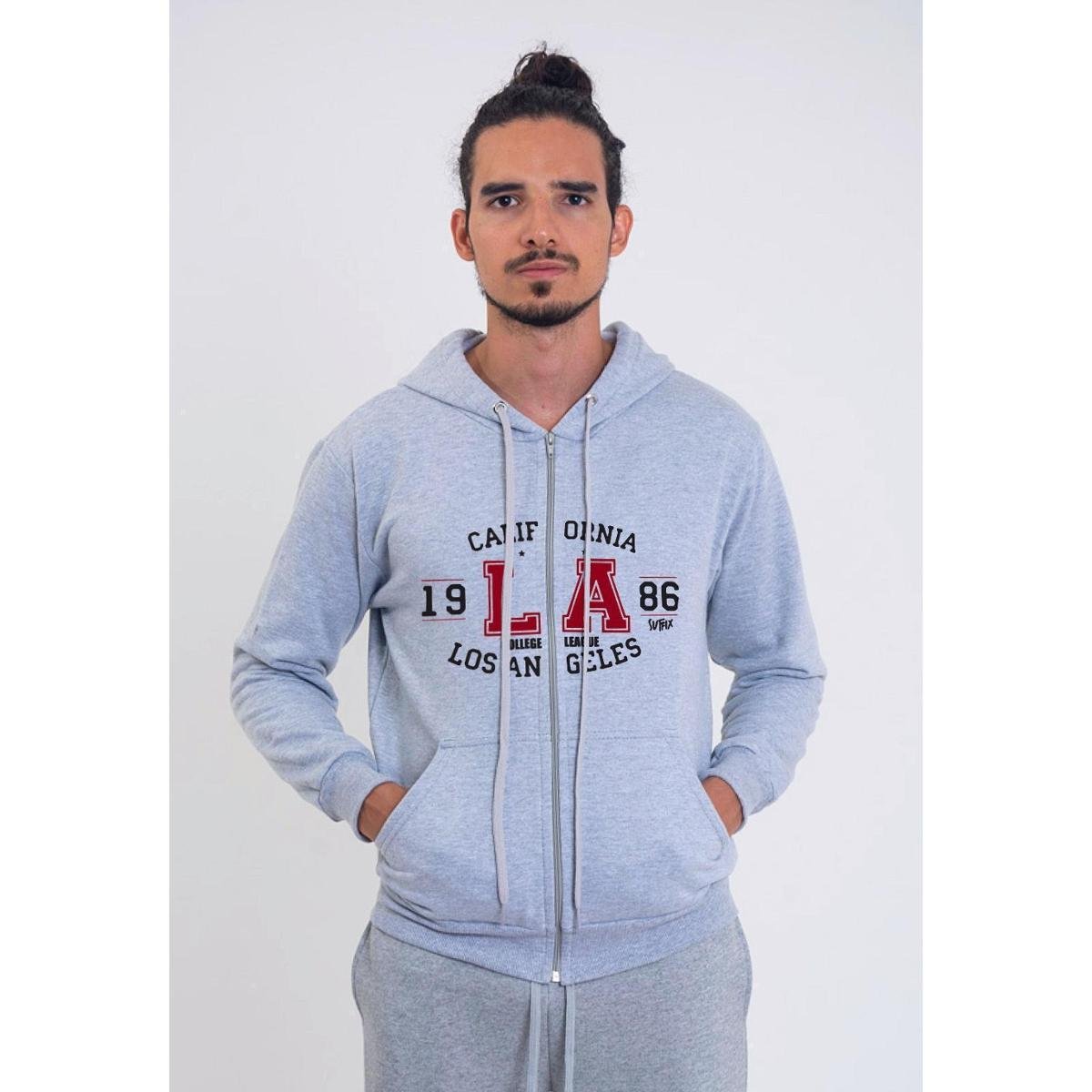 Moletom Canguru Aberto Cinza Estampado Califórnia - Chumbo Menor preço em Moletom Canguru Aberto Cinza Estampado Califórnia - Chumbo