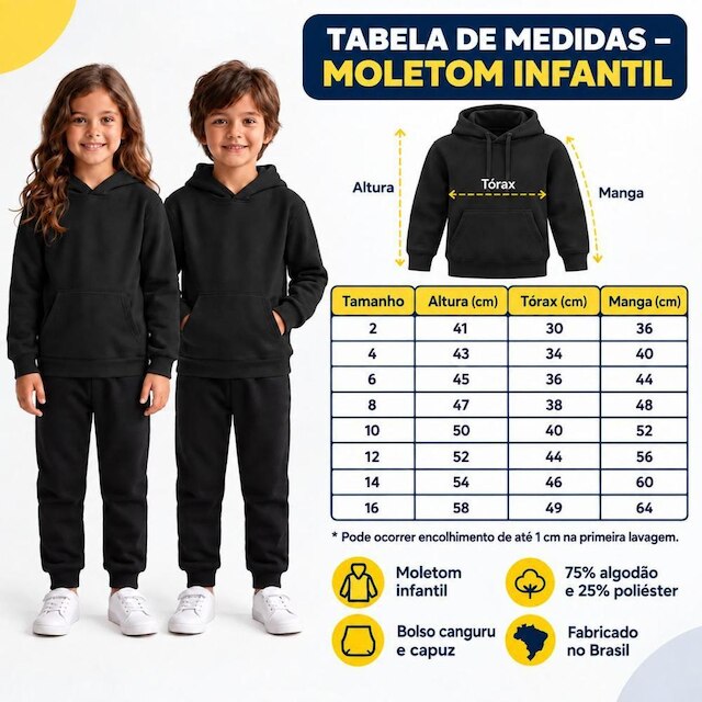 Moletom Canguru Algodão Infantil 2 ao 16 Anos Unissex Com Capuz e Bolso Otimo Para Escola Creche