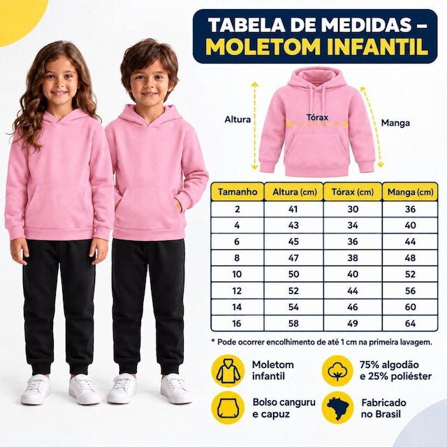 Moletom Canguru Algodão Infantil 2 ao 16 Anos Unissex Com Capuz e Bolso Otimo Para Escola Creche