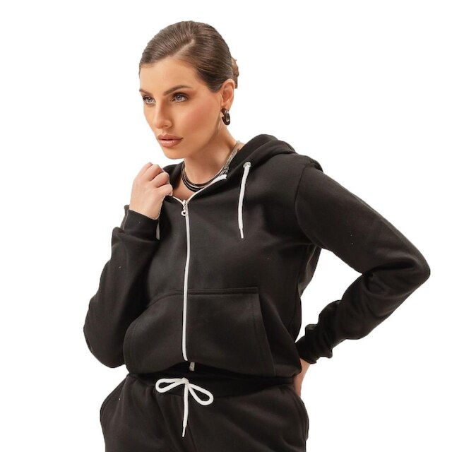 Moletom Canguru Feminino Blusa De Frio Lisa Básica Com Ziper