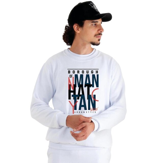 MOLETOM CARECA BRANCO ESTAMPADO MANHATTAN