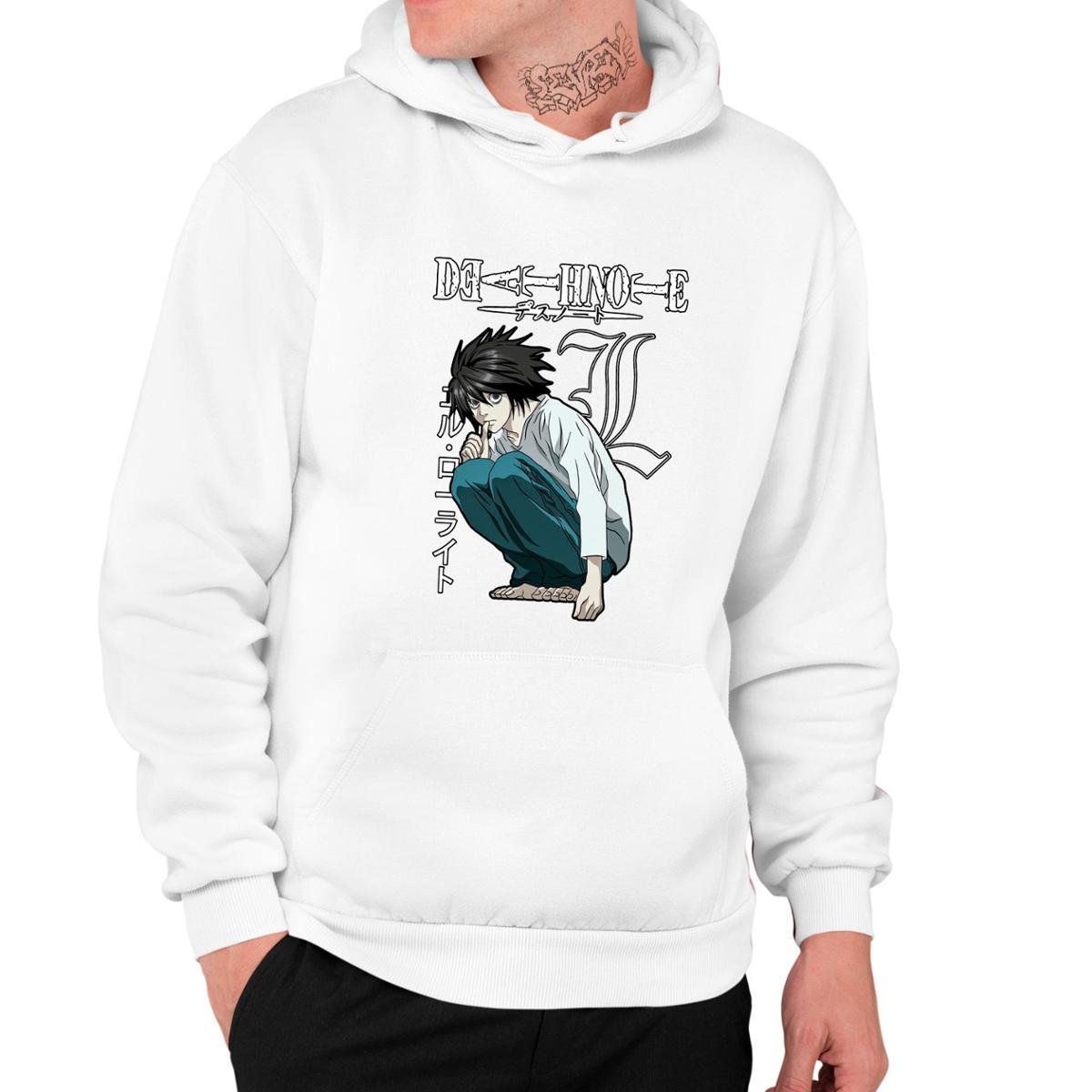 Moletom Estampado Estilo Canguru Unissex L Lawliet Agachado - Branco Menor preço em Moletom Estampado Estilo Canguru Unissex L Lawliet Agachado - Branco