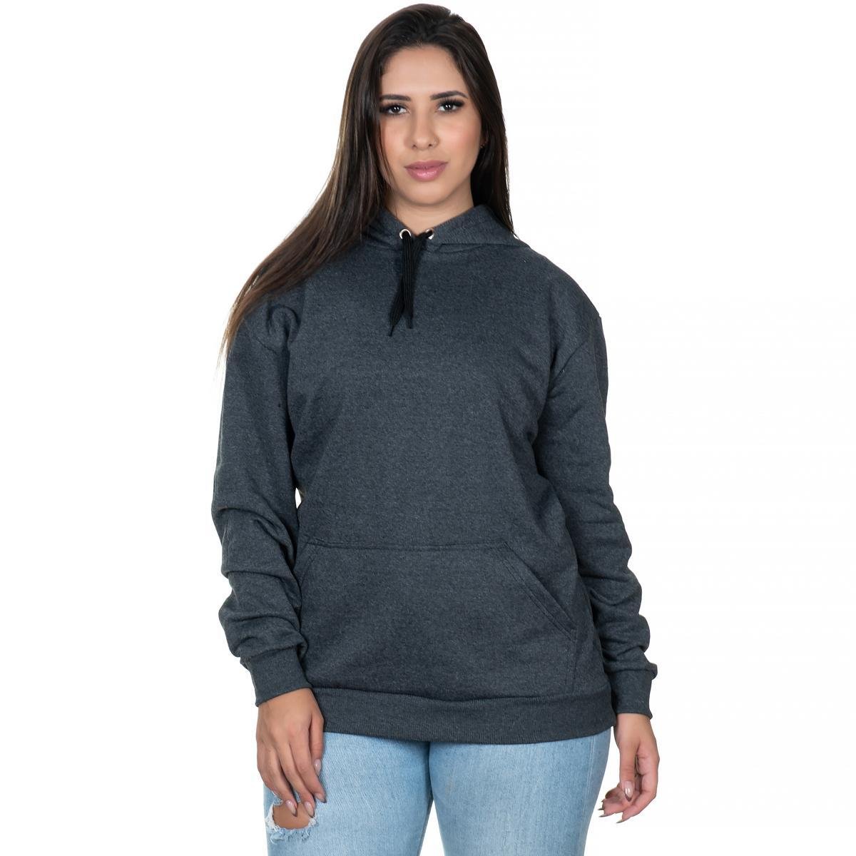 Moletom Feminino Blusa de Frio Canguru Flanelado Casual Liso Club 21 - Grafite Menor preço em Moletom Feminino Blusa de Frio Canguru Flanelado Casual Liso Club 21 - Grafite