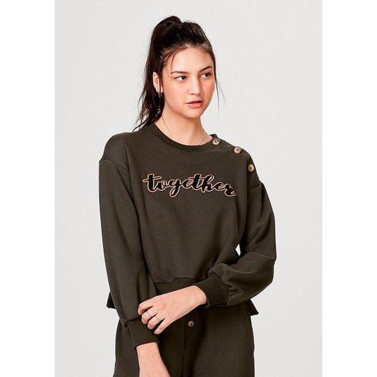 Moletom Feminino Em Malha De Algodão Estampado - Verde Militar