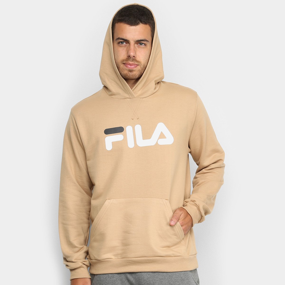 Moletom Fila com Logo e Capuz Masculino - Caramelo Menor preço em Moletom Fila com Logo e Capuz Masculino - Caramelo