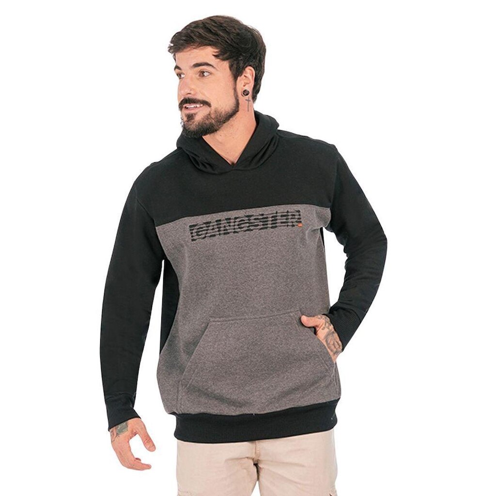 Moletom Gangster Masculino Capuz Bolso Canguru Preto Cinza