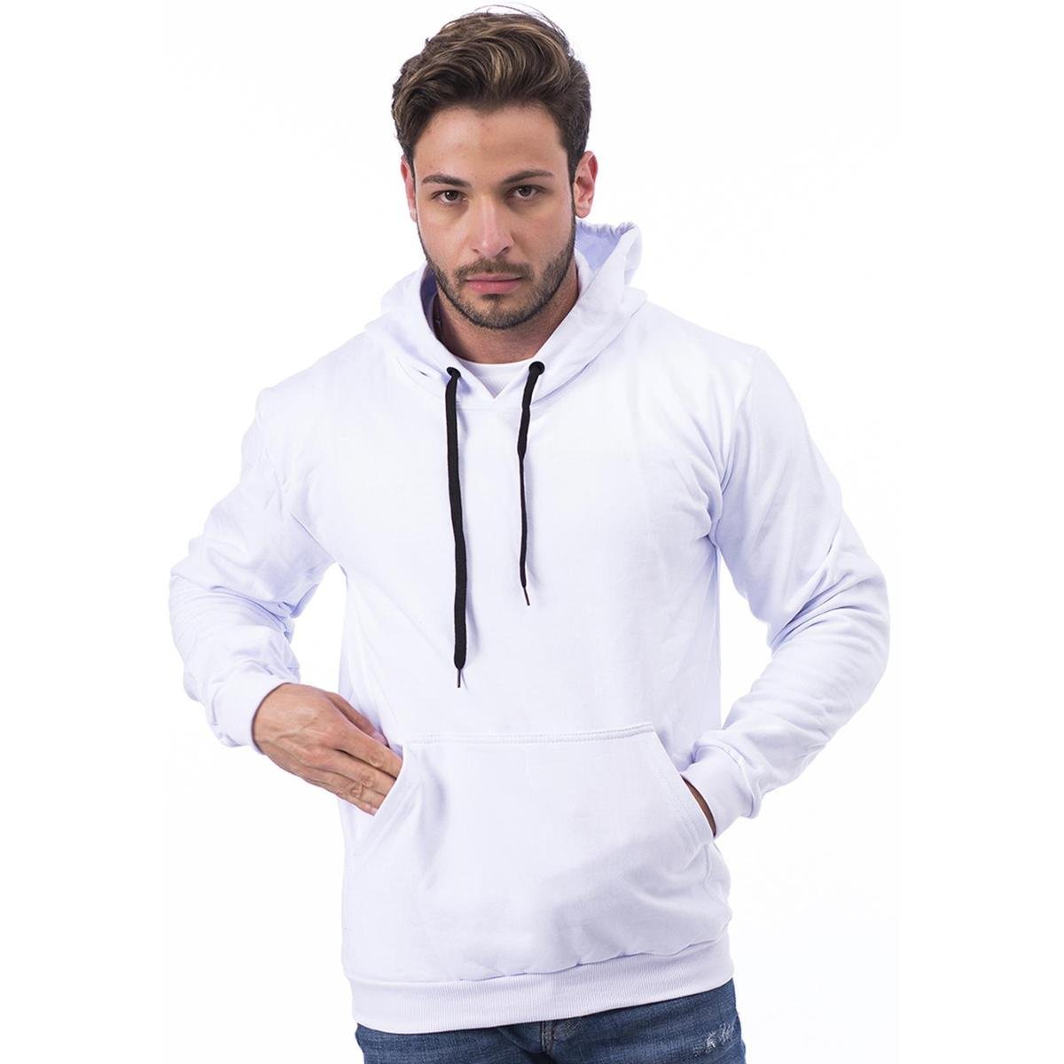 Moletom Liso Algodão Unissex Blusa De Frio Canguru Flanelado - Branco Menor preço em Moletom Liso Algodão Unissex Blusa De Frio Canguru Flanelado - Branco