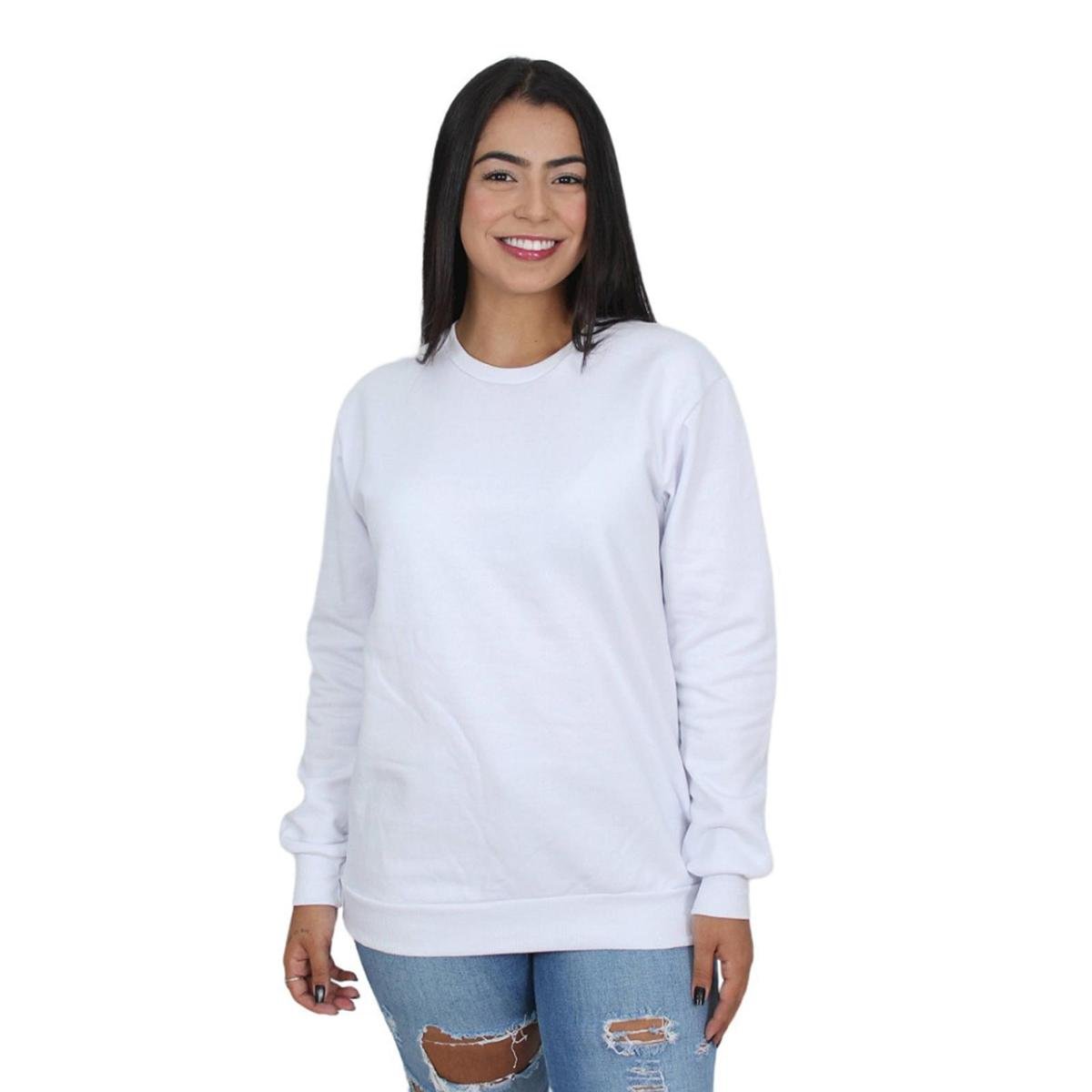 Moletom Liso Gola Redonda Blusa de frio sem Capuz Flanelado - Branco Menor preço em Moletom Liso Gola Redonda Blusa de frio sem Capuz Flanelado - Branco