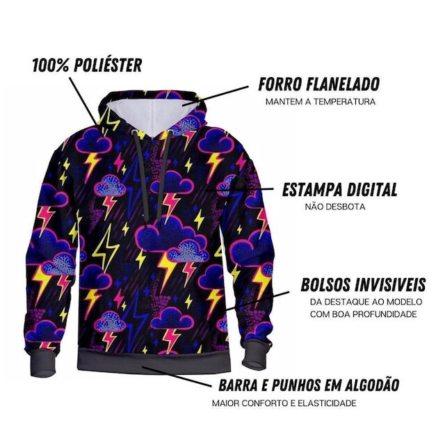 Moletom Masculino Blusa Capuz Bolso Flanelado Estampado