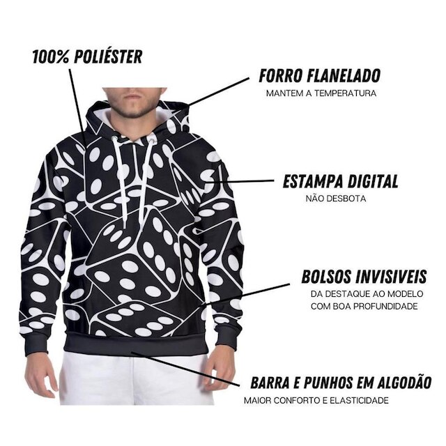 Moletom Masculino Blusa Capuz Bolso Flanelado Estampado