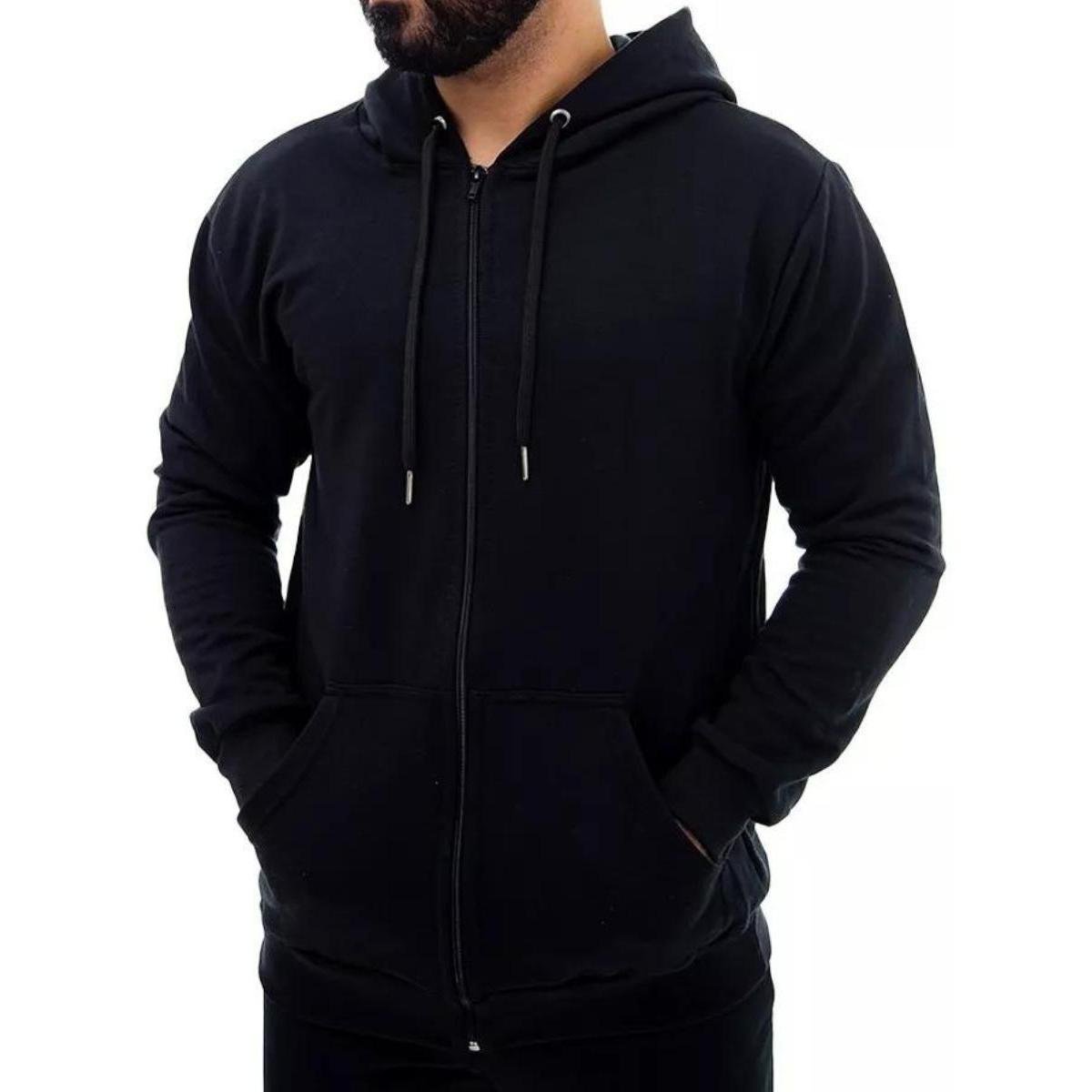 Casaco Moletom Masculino Moletom Preto Liso Com Capuz Conjunto