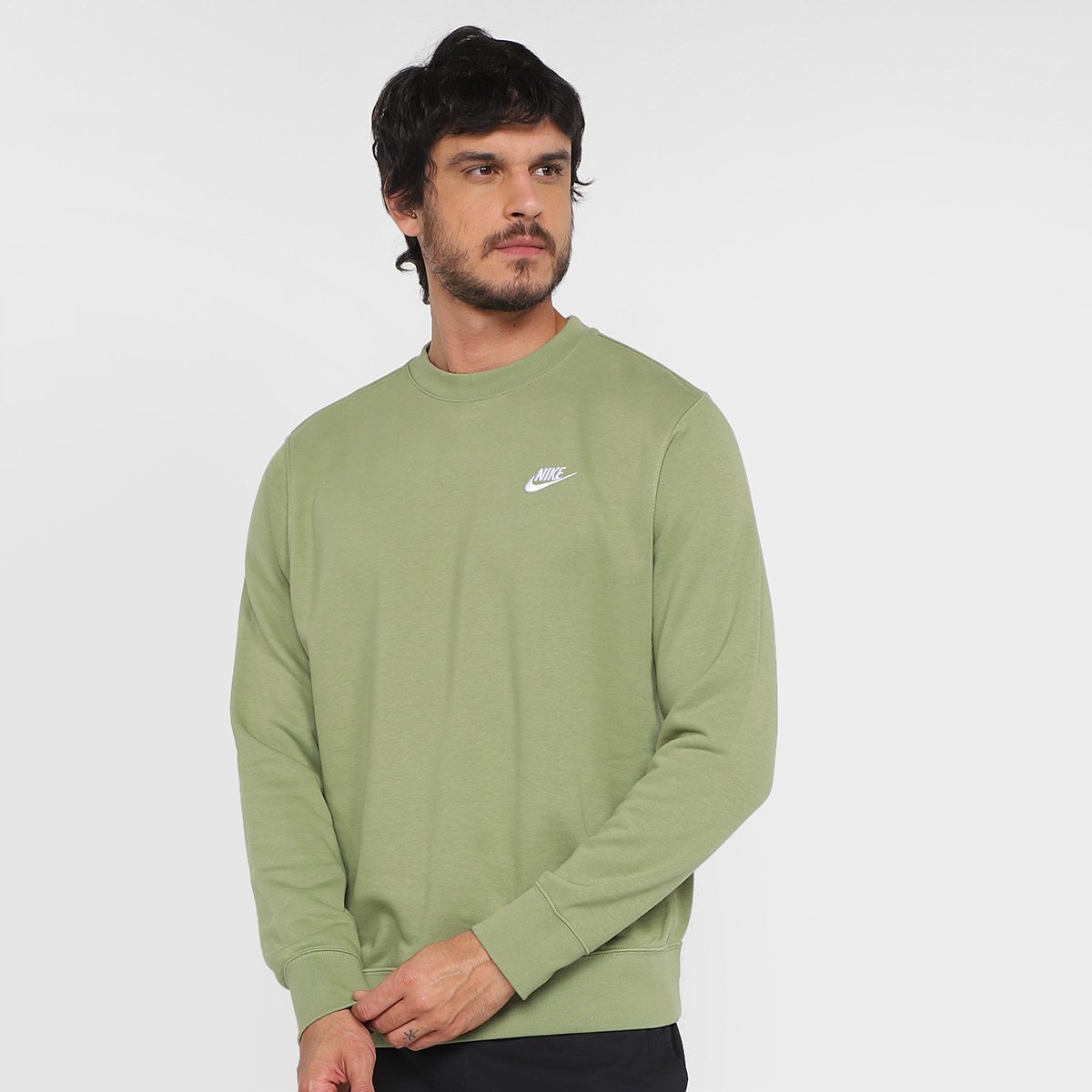 Moletom Nike Club Masculino - Branco+Verde Menor preço em Moletom Nike Club Masculino - Branco+Verde