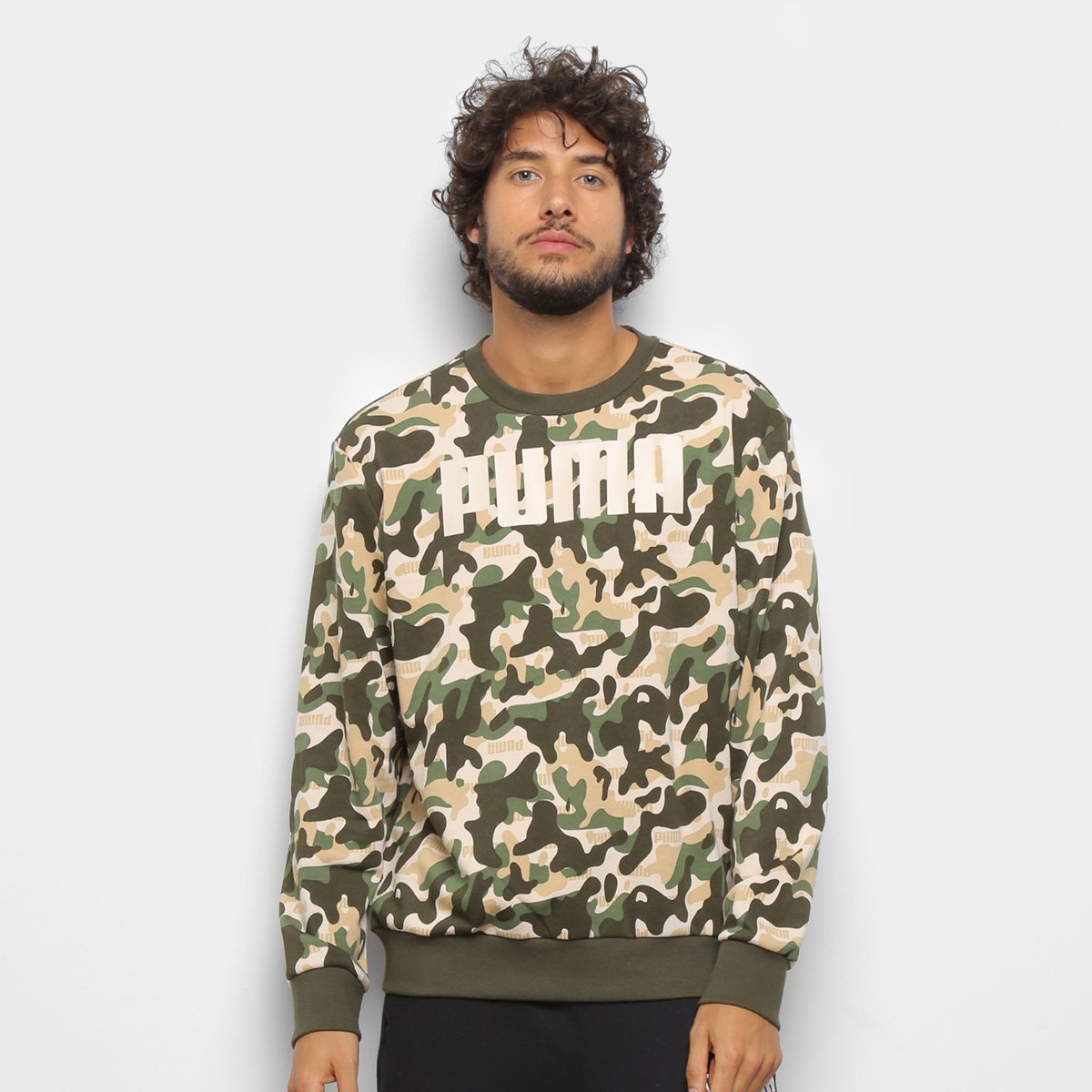 Moletom Puma Rebel Camuflado Crew TR Masculino - Verde Menor preço em Moletom Puma Rebel Camuflado Crew TR Masculino - Verde