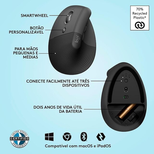 Mouse Sem Fio Logitech Lift para Canhoto, 4000 DPI, 6 Botões, Bluetooth, Ergonômico, USB -910-006467