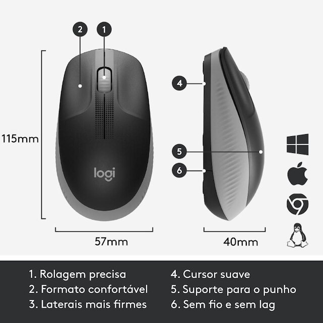 Mouse sem fio Logitech M190 Design Ambidestro Tamanho Padrão, Conexão USB e Pilha Inclusa-910-005902