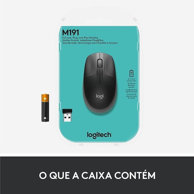 Mouse sem fio Logitech M190 Design Ambidestro Tamanho Padrão, Conexão USB e Pilha Inclusa-910-005902