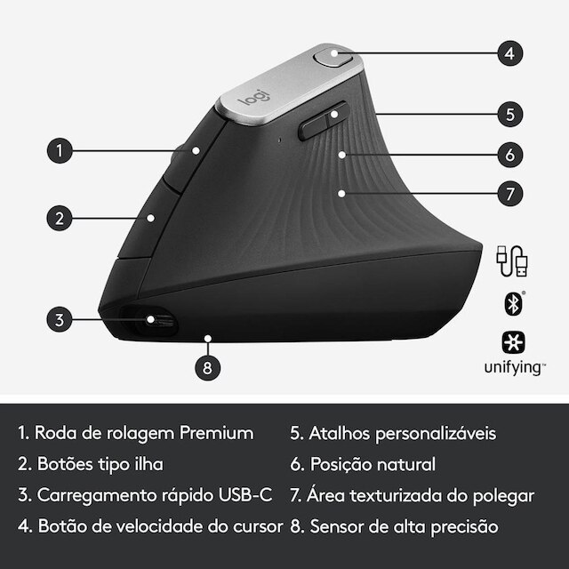 Mouse sem fio Logitech MX Vertical Design Ergonômico, USB Unifying ou Bluetooth - 910-005449