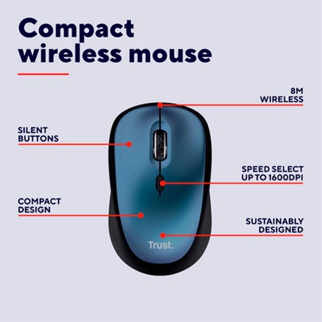 Mouse Sem Fio Trust Yvi+, Silencioso, 1600 DPI, Recetor USB, Azul - 24551