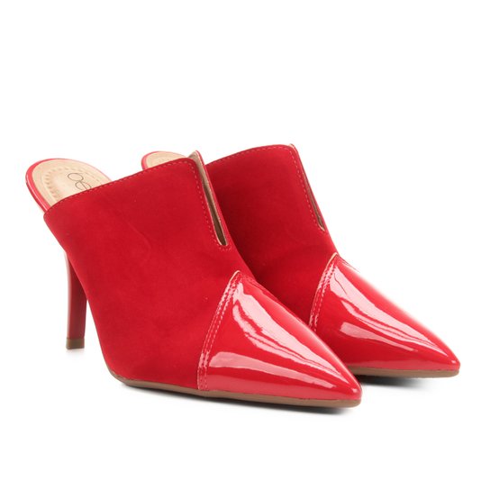 Mule Beira Rio Suede Bico Fino Envernizado - Vermelho