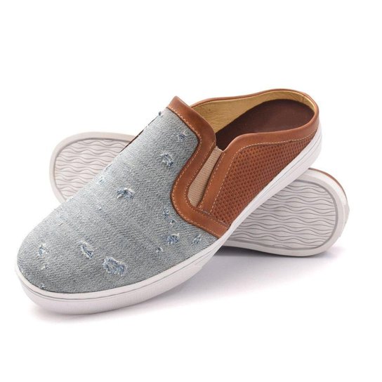 Mule Couro Lucilena Jeans Visual Moderno Masculino - Jeans Claro