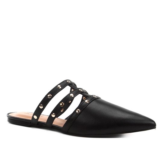 Mule Couro Shoestock Flat Metal Stud - Preto