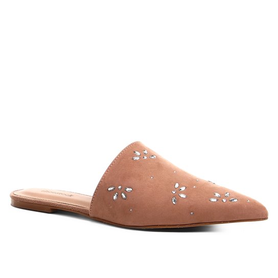 Mule Couro Shoestock Flat Shine Flowers - Nude