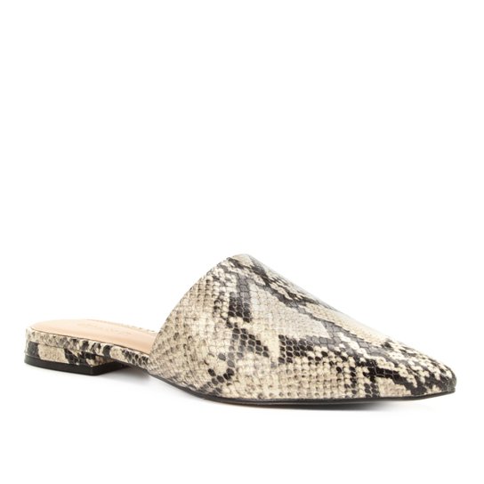Mule Couro Shoestock Flat Snake - Bege+Preto