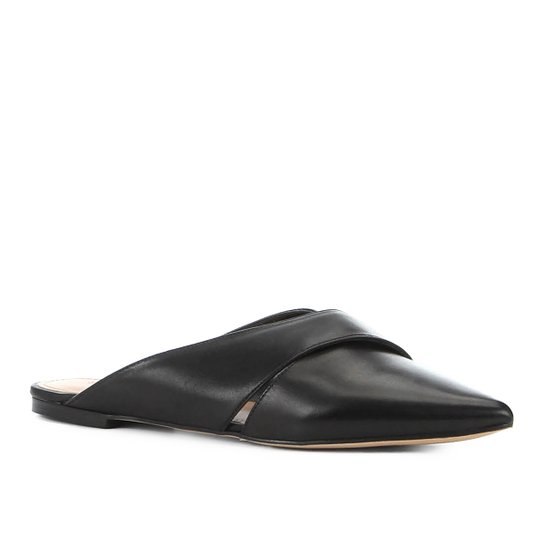 Mule Couro Shoestock Flat Strappy - Preto