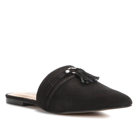 Mule Couro Shoestock Tassel Flat - Preto