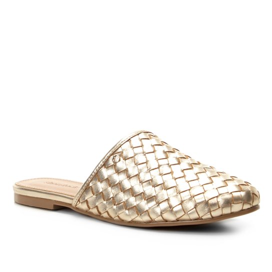 Mule Couro Shoestock Trançada - Dourado