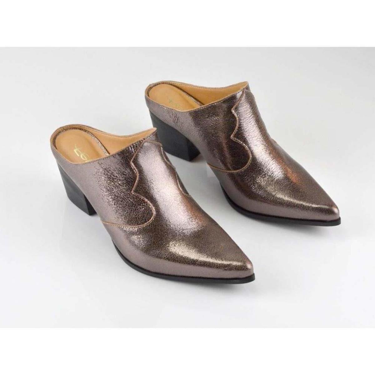 Mule Feminino Couro Metalizado Salto Grosso Conforto Estilo - Marrom Menor preço em Mule Feminino Couro Metalizado Salto Grosso Conforto Estilo - Marrom