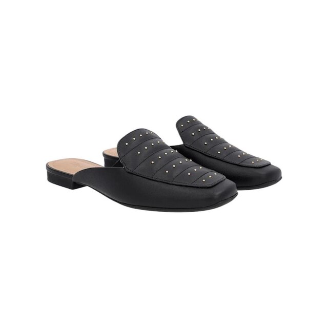 Mule Feminino Usaflex Couro Costura Enfeite Salto Baixo Preto