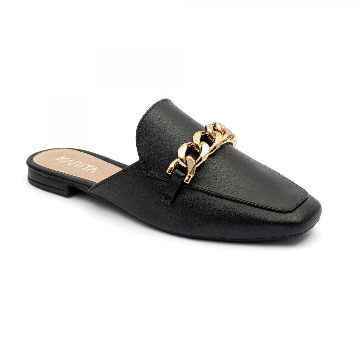 Mule Mocassim Feminino Preto Couro Confortável Bico Quadrado - Preto Menor preço em Mule Mocassim Feminino Preto Couro Confortável Bico Quadrado - Preto