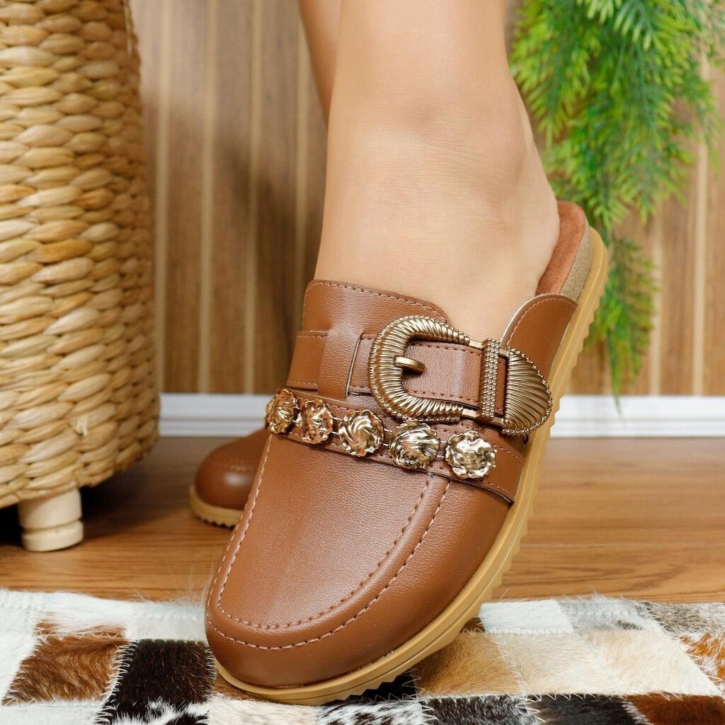Mule Moleca Canoa Sapato Feminino Fivela Rústico 5743.214