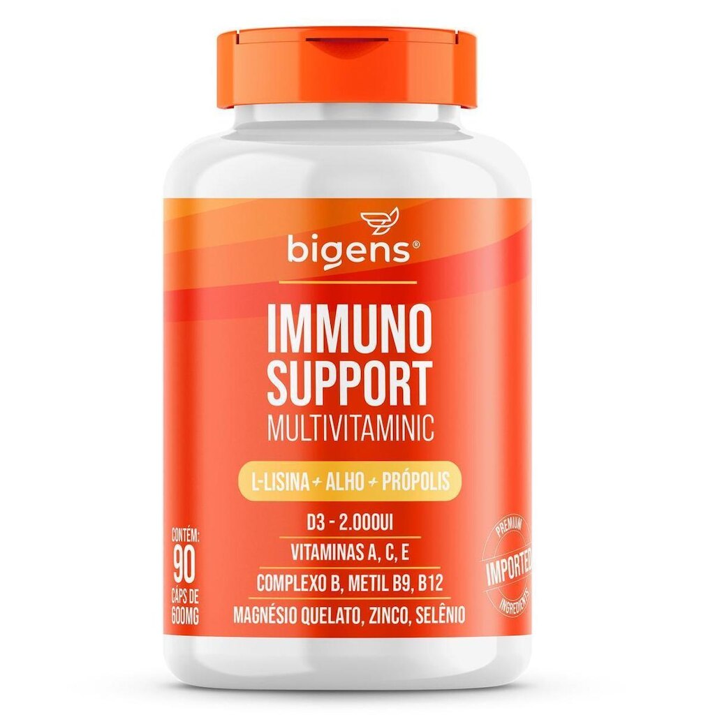 Multivitamínico Immuno Support D3 2000Ui L-Lisina Alho Própolis Magnésio Zinco 90 Cps - Bigens