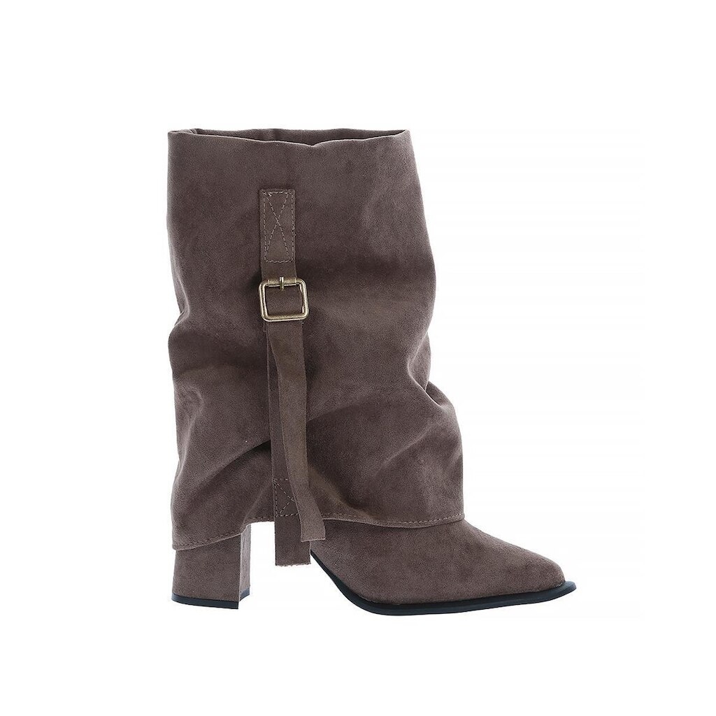 Nayane - Bota Capa Feminina com Fivela Salto Bloco Alto Suede Bege