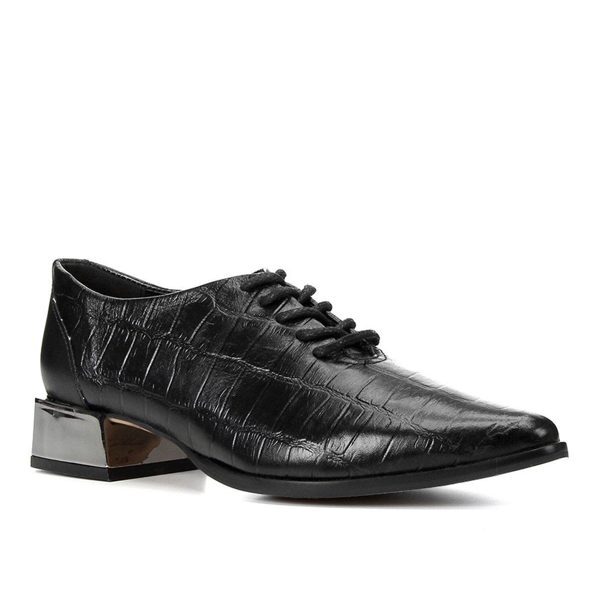 Oxford Couro Shoestock Bico Fino Salto Cromado Feminino - Preto Menor preço em Oxford Couro Shoestock Bico Fino Salto Cromado Feminino - Preto