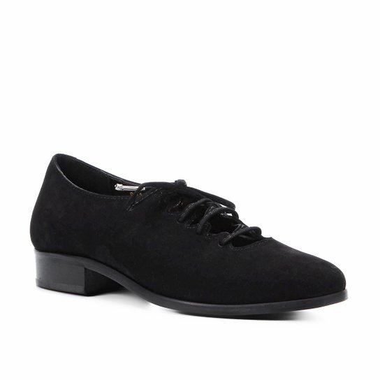 Oxford Couro Shoestock Nobuck Lace Up Feminino - Preto