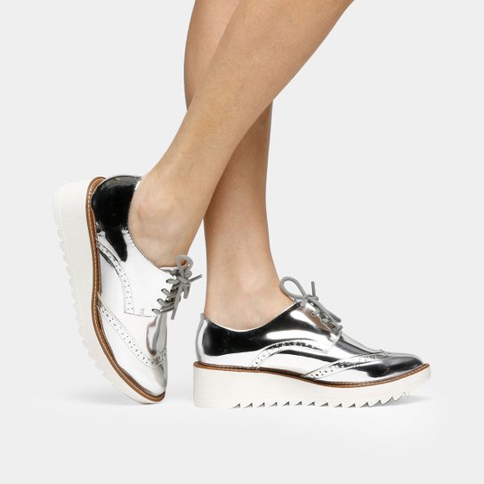 Oxford Di Cristalli Metalizado Flatform Brogues - Prata