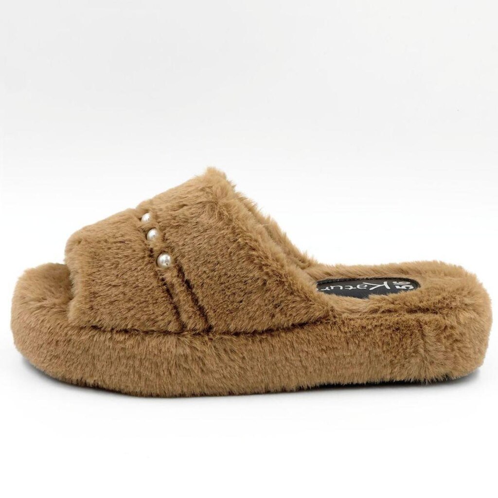 Pantufa Katurê Slide Flatform Slide em Fleece com Pérolas Feminina