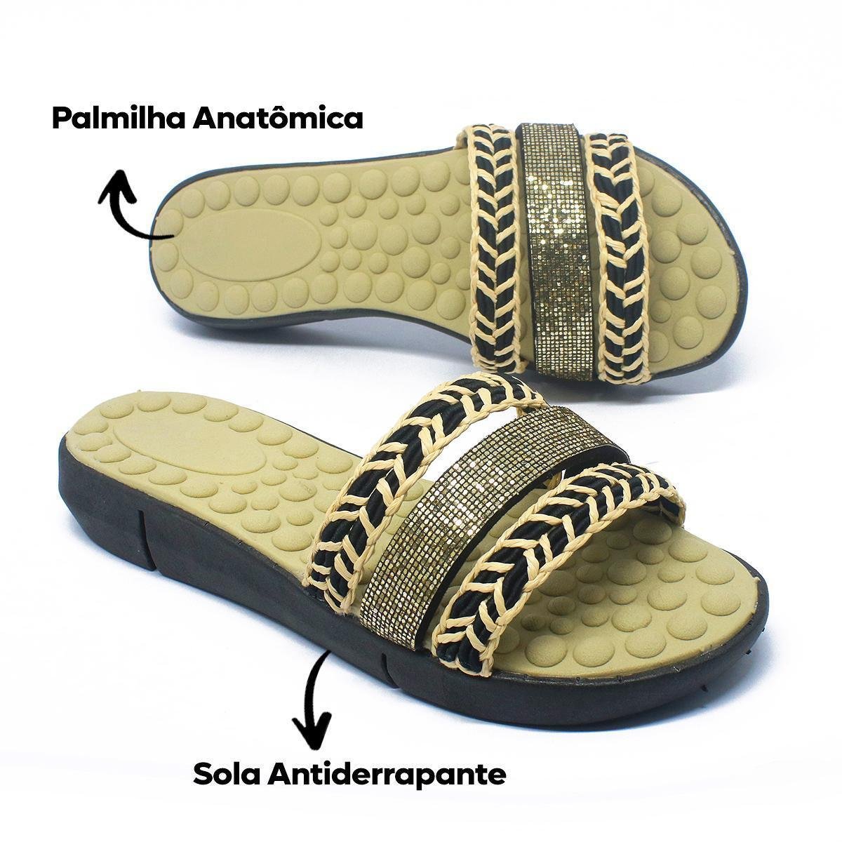 Papete Feminina Sandália Strass Tiras Conforto Anatômica Menor preço em Papete Feminina Sandália Strass Tiras Conforto Anatômica
